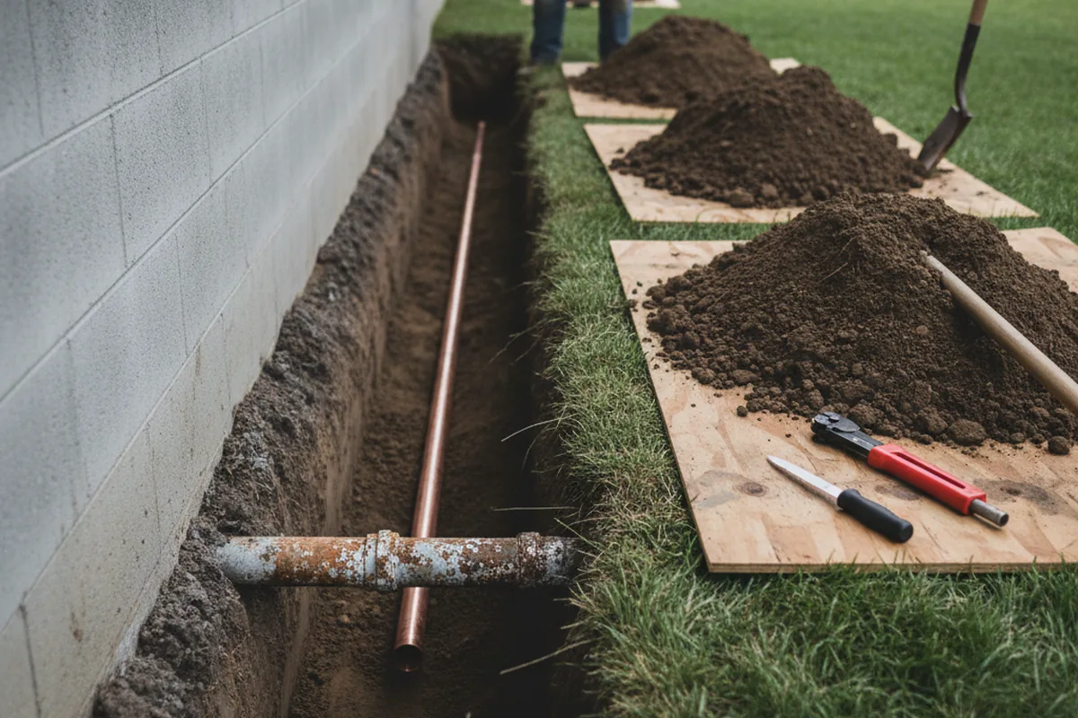 Excavated water line trench during Water Softener Installation in Minier
